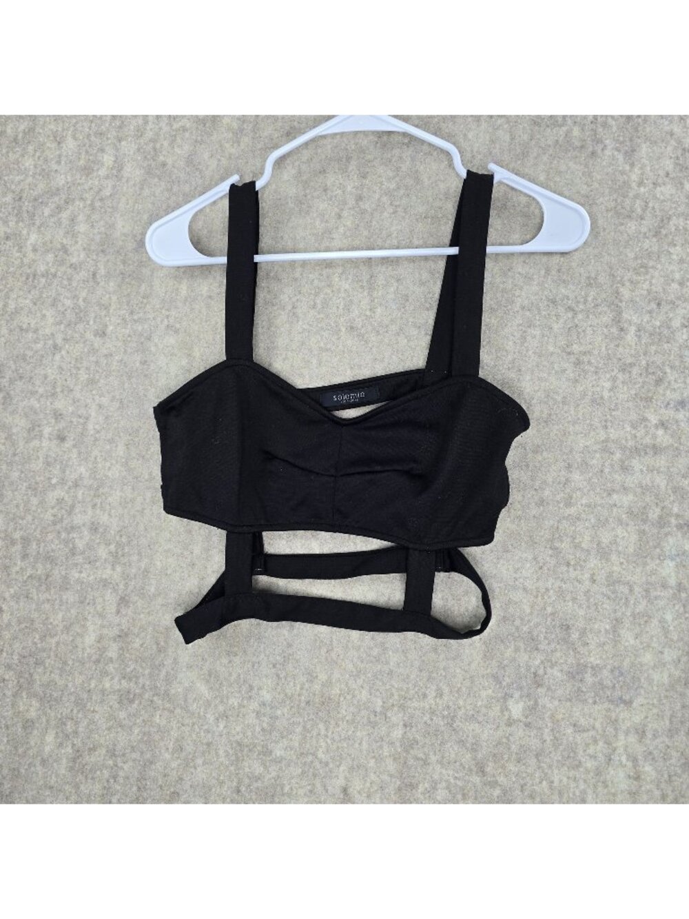 Solemio Womens Black Strappy Crop Top Large Polyester Blend Fitted Cutout Back